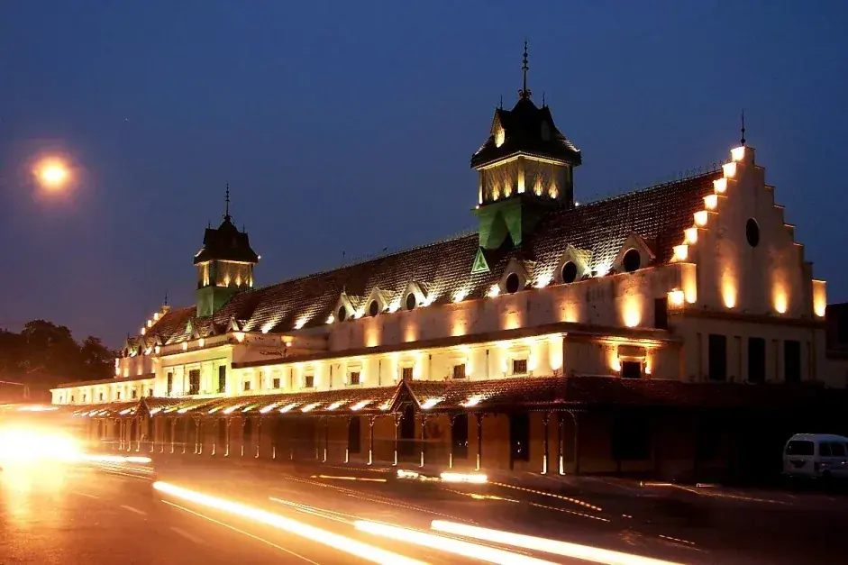 Historic Lahore Railway Station illuminated at night